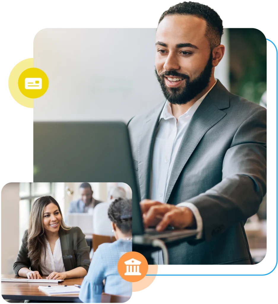 Middle-aged black man in the financial industry looking at a laptop with a pleasant expression.