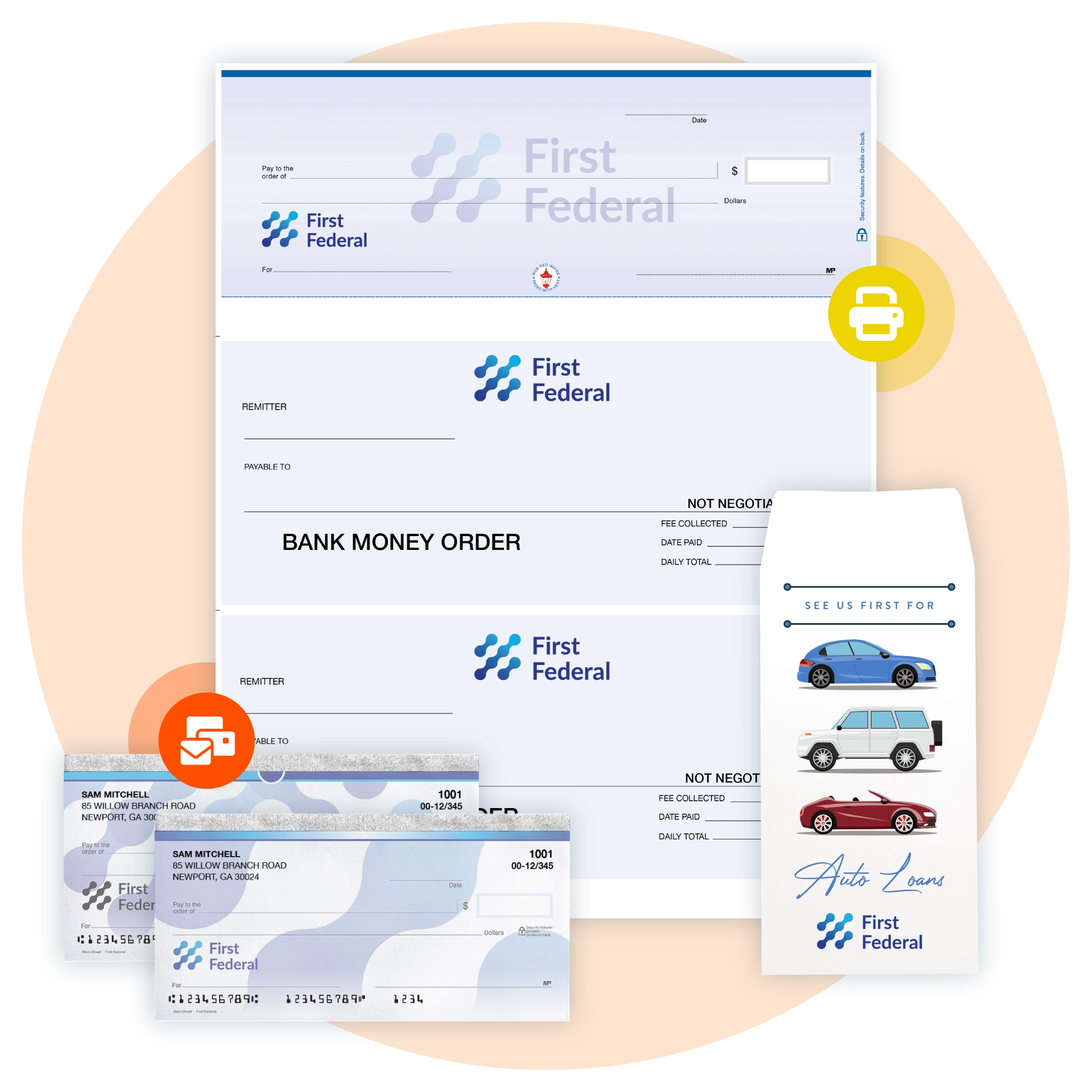 A cluster mockup of a branded computer check, two personal checks, and a drive-up envelope.